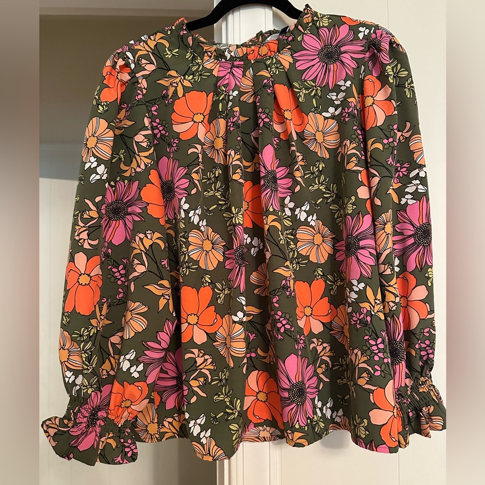 Floral Ruffle Blouse in Green and Pink